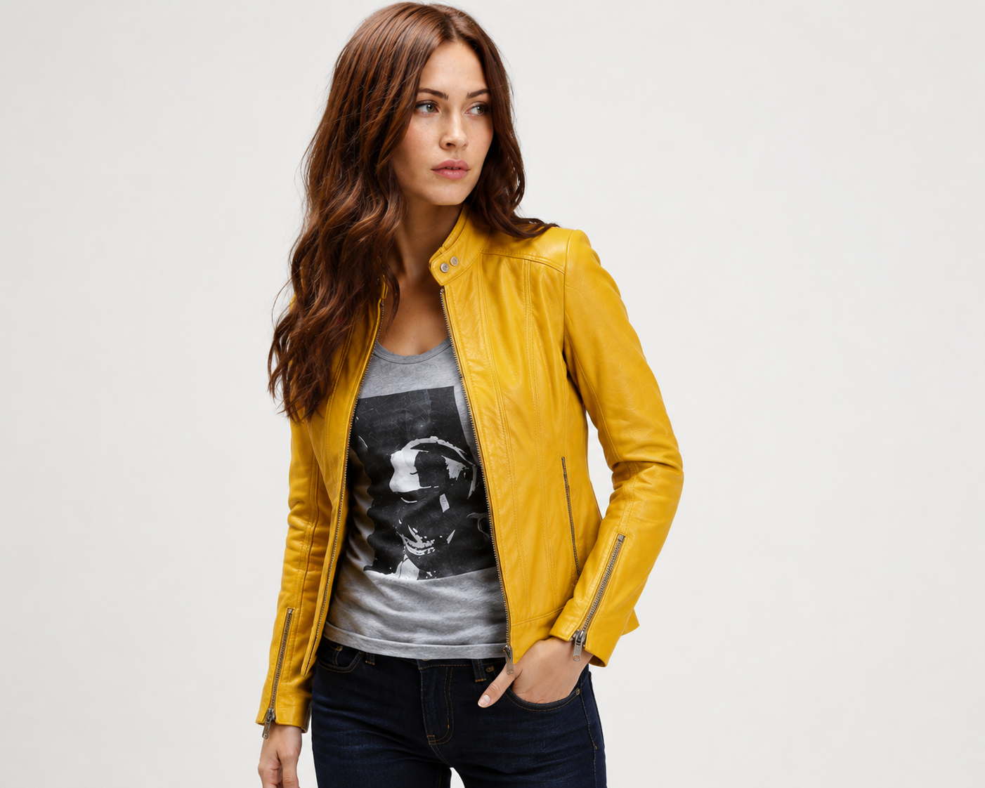 Megan Fox TMNT Yellow Leather Jacket - Front- Jackets Origin Megan-Fox-TMNT-Yellow-Leather-Jacket-Front-Jackets-Origin